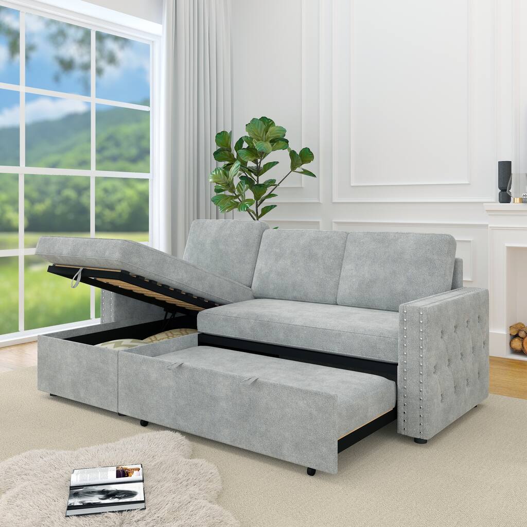 Modern 85-Inch Sofa Bed with Pull-Out Sleeper and Storage Chaise, 3 Seater Couch, Chenille Upholstery.