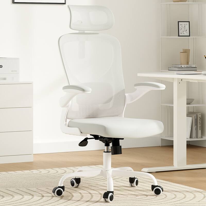 Ergonomic Office Chair With Headrest,High Back Computer Chair With Armrests And Adjustable Lumbar Support - White