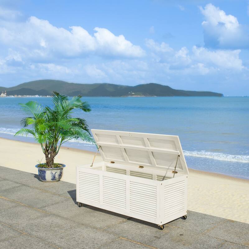 SAFAVIEH Outdoor Miah Cushion Solid Wood Storage Box - White - 47Wx18Dx19H