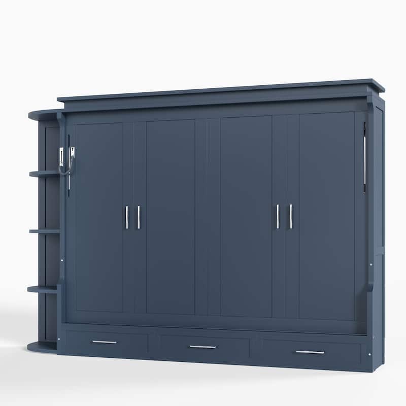 Murphy Platform Bed with Side Cabinets & Drawers, Wall Bed with Shelf for Home Office, Queen or Full