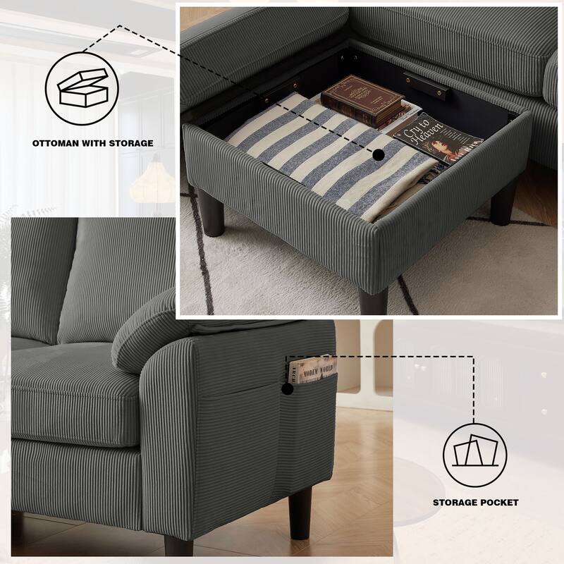 4 Pieces Corduroy Living Room Sets with Sofa, Ottoman and Loveseat