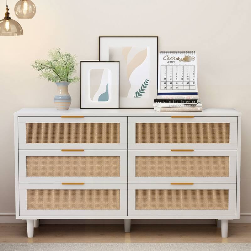 6-Drawers Rattan Storage Cabinet - 51.18"White