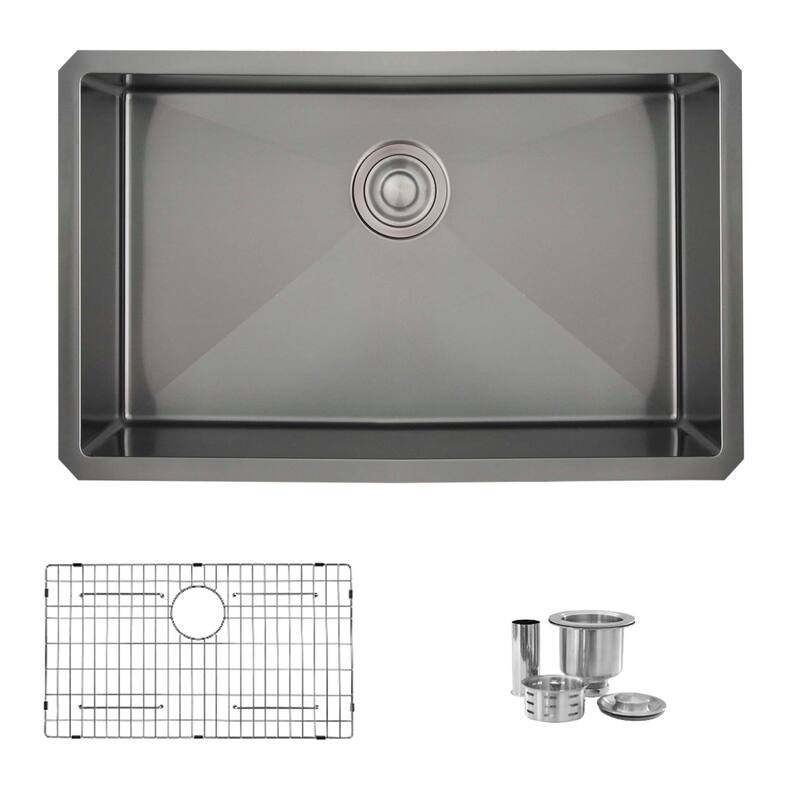 STYLISH 30 inch Graphite Black Single Bowl Undermount Stainless Steel Kitchen Sink with Grid and Basket Strainer Handmade