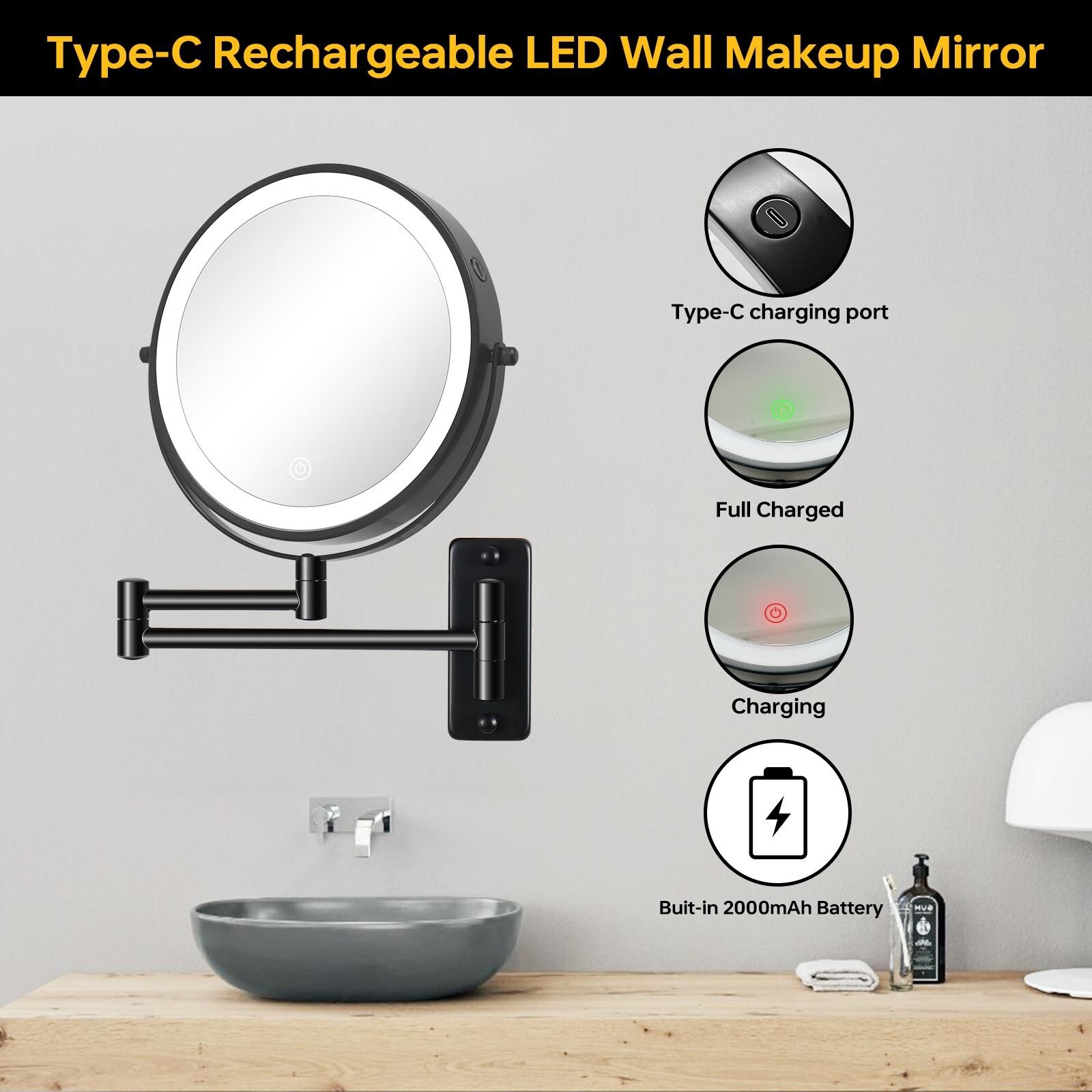 thumbnail image 2 of FOME 8 Inch LED Wall Mounted Makeup Mirror - Rechargeable 10X Magnification With 3 Color Lights 2 of 12
