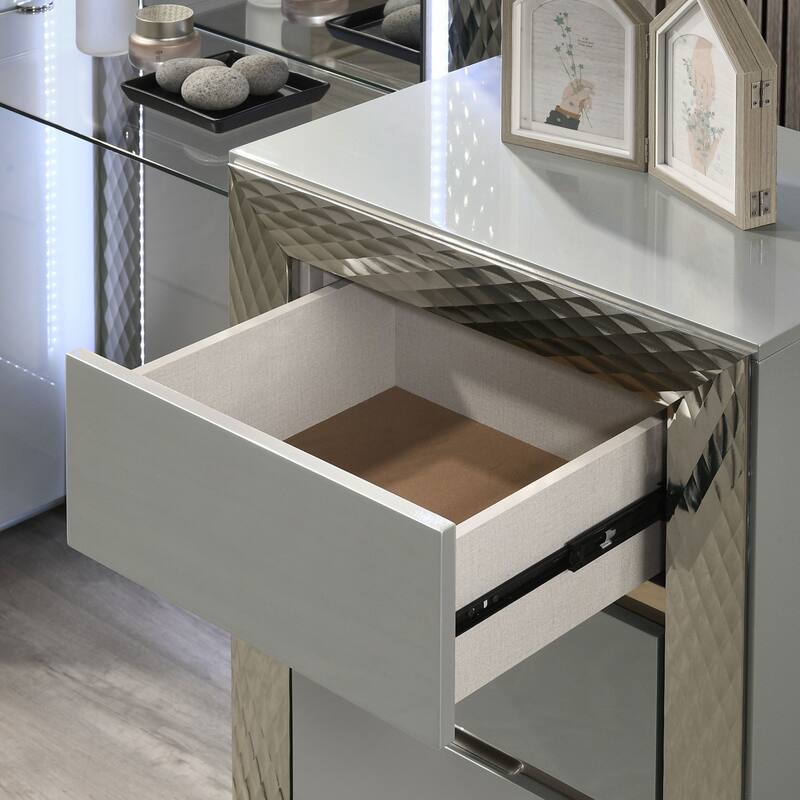 Furniture of America Urene Glam Grey Wood 6-Drawer Vanity Set with LED and Stool