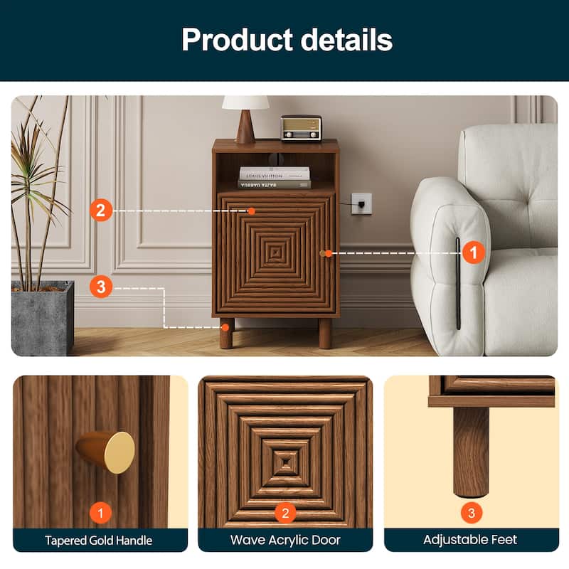 Nightstand Set of 2 with Charging Station and Solid Wood Legs