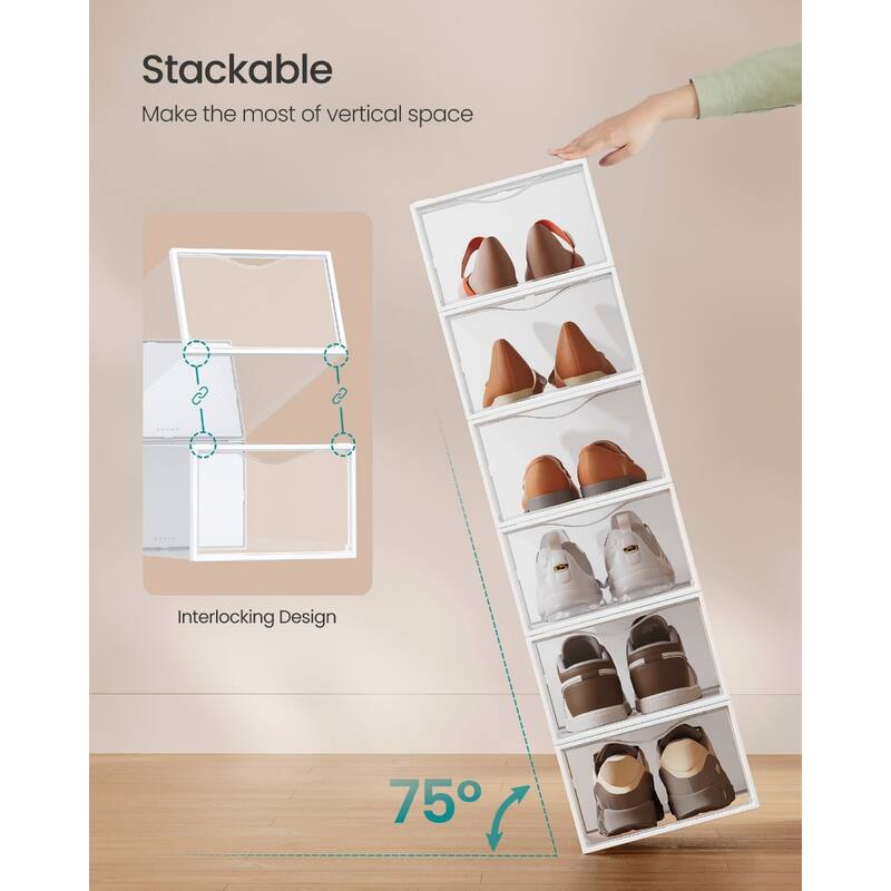 12 Pack Stackable Clear Plastic Shoe Storage Boxes with Doors Closet Shoe Organizer Containers - 9.1”L x 13.1”W x 5.6”H