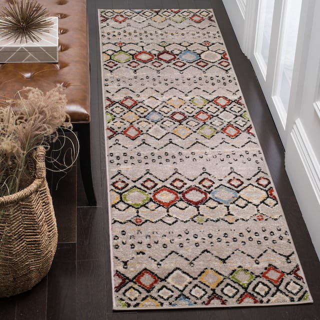 SAFAVIEH Amsterdam Bridget Moroccan Boho Rug - 2'3" x 22' Runner - Light Grey/Multi