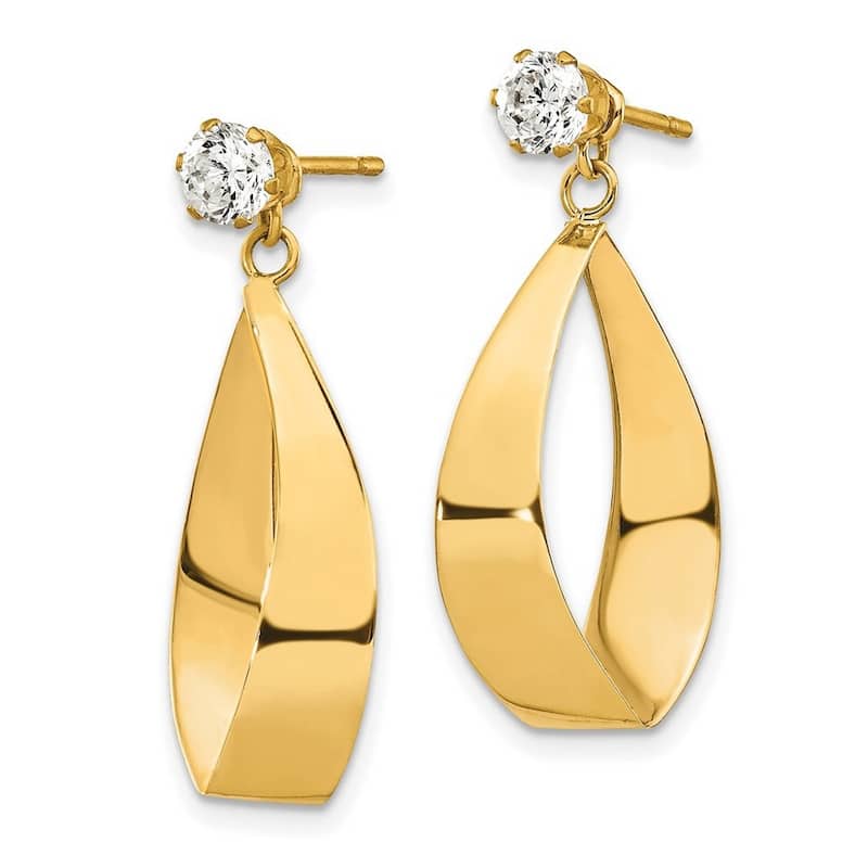 Curata 14k Yellow Gold Surgical steel post Polished Oval Dangle With CZ Cubic Zirconia Stud Earrings Jackets