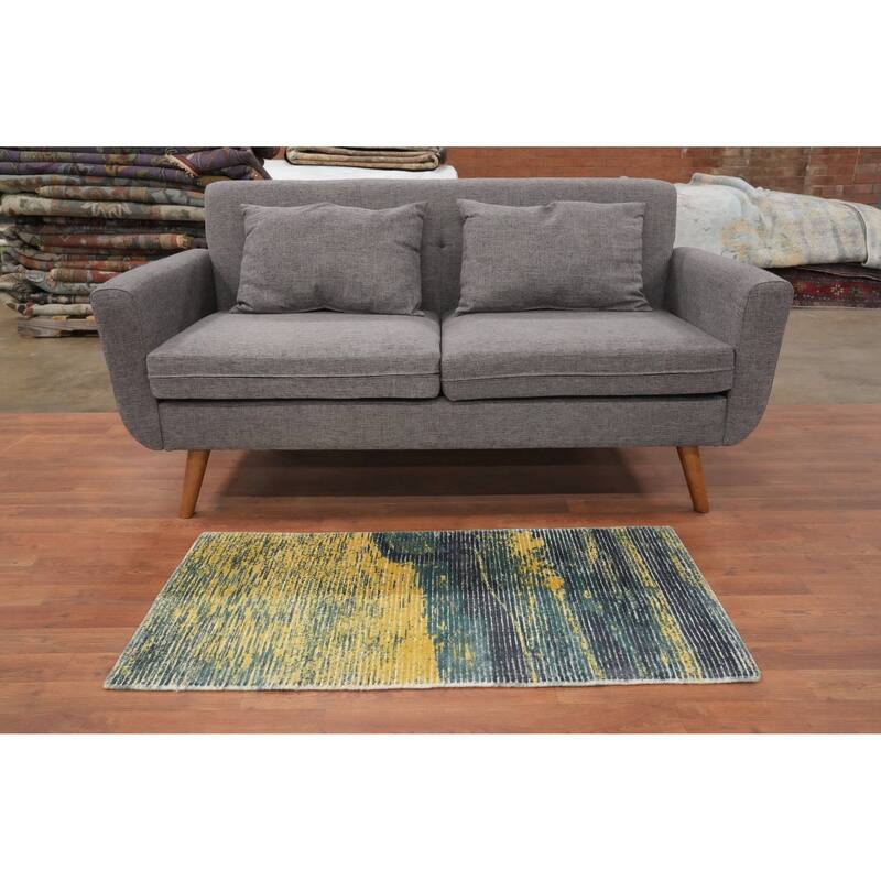Hand Knotted Oriental Viscose Silk Carpet Modern All-Over Yellow & Gold Abstract Area Rug - 4' 0'' X 2' 0''