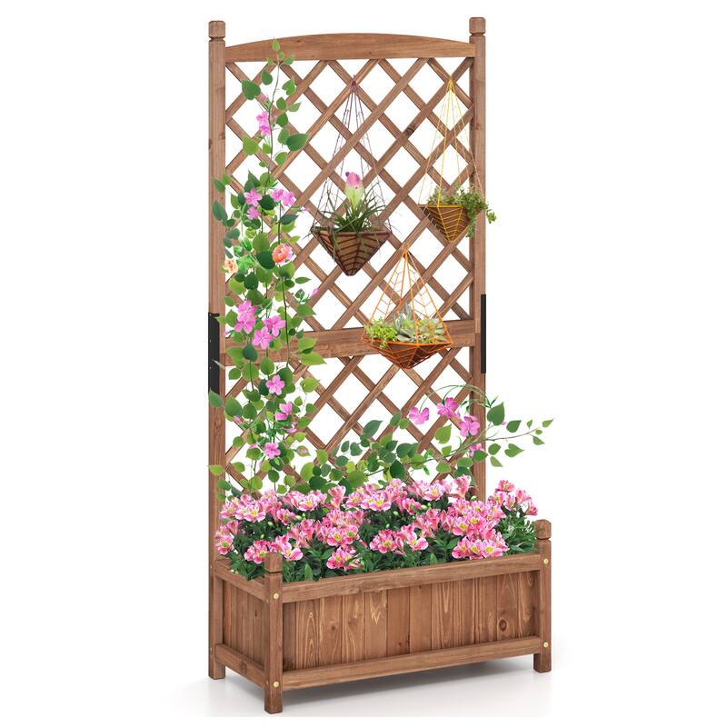 Gymax 60'' Tall Raised Garden Bed w/ Diamond Lattice Trellis Drainage - Brown
