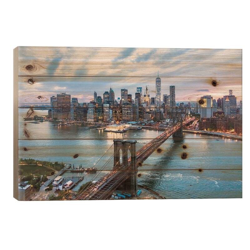 Brooklyn Bridge And Lower Manhattan Skyline, New York City, New York, USA Print On Wood by Matteo Colombo - Multi-Color - 18x26x1.5