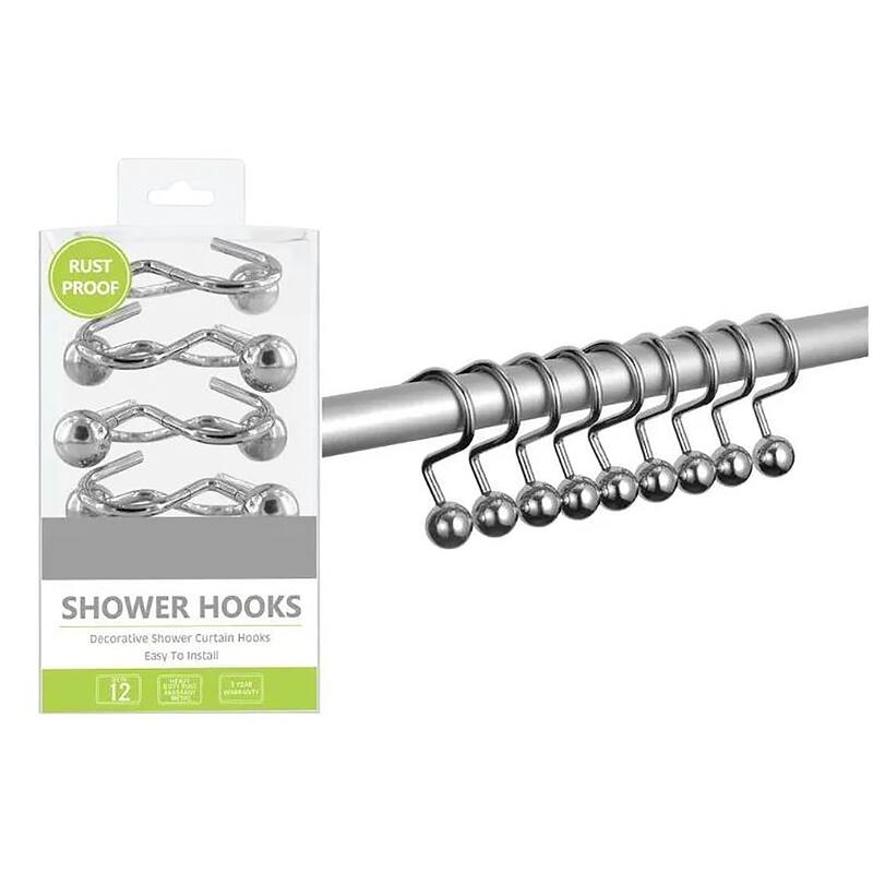 12 Piece Set - Chrome Heavy Duty Steel Ball Shower Curtain Hooks Rings Rustproof Metal