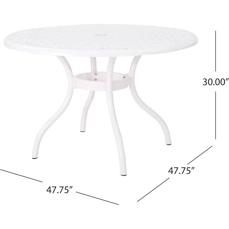 Roomfitters Outdoor Aluminum Dining Set with Lattice-Pattern Round Table and Four Armchairs for Stylish Patio Dining