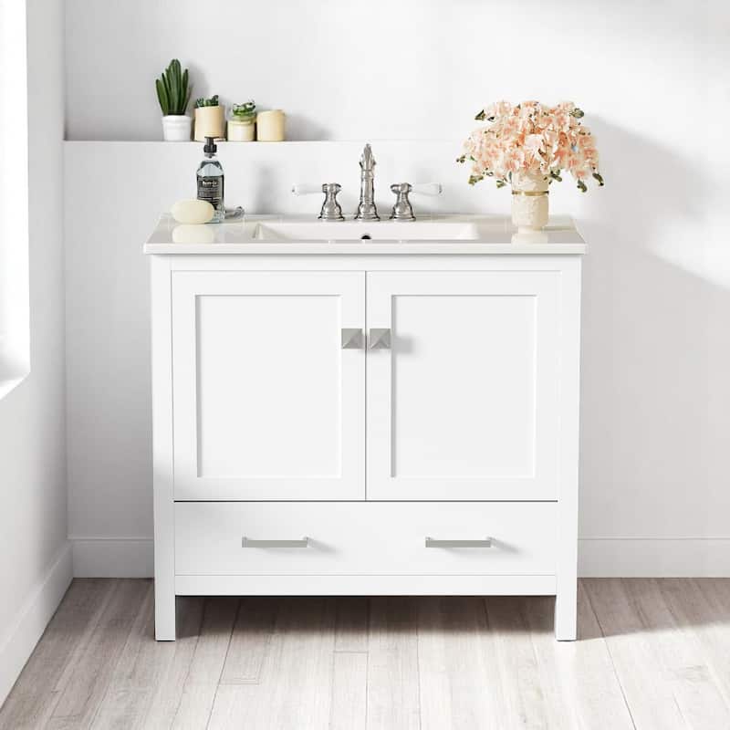 36" Modern Bathroom Vanity with Ceramic Sink, Soft-Close Doors, Drawer Divider & Storage Shelves - White