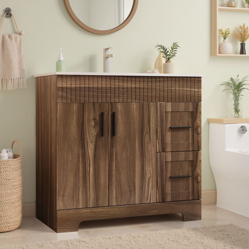 EROMMY Bathroom Vanity with Sink and Faucet, Freestanding Vanity Cabinet with Drawers & Doors, White Ceramic Top