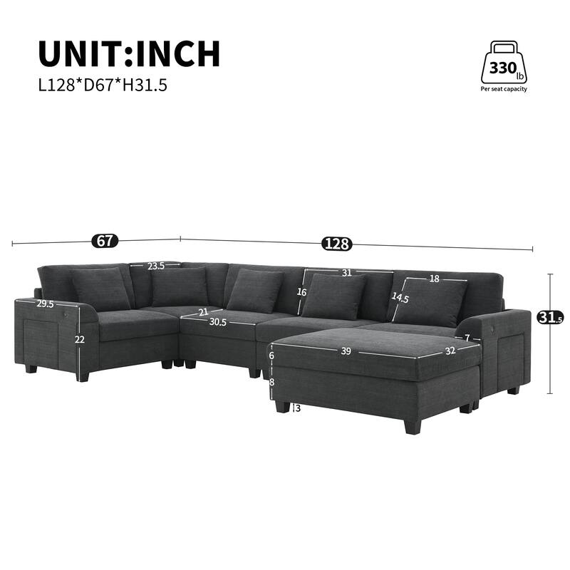128" Chenille U-Shaped Sectional Sofa with Ottoman, 6-Seater Couch Set and Hidden Storage, USB Charging & Cup Holders