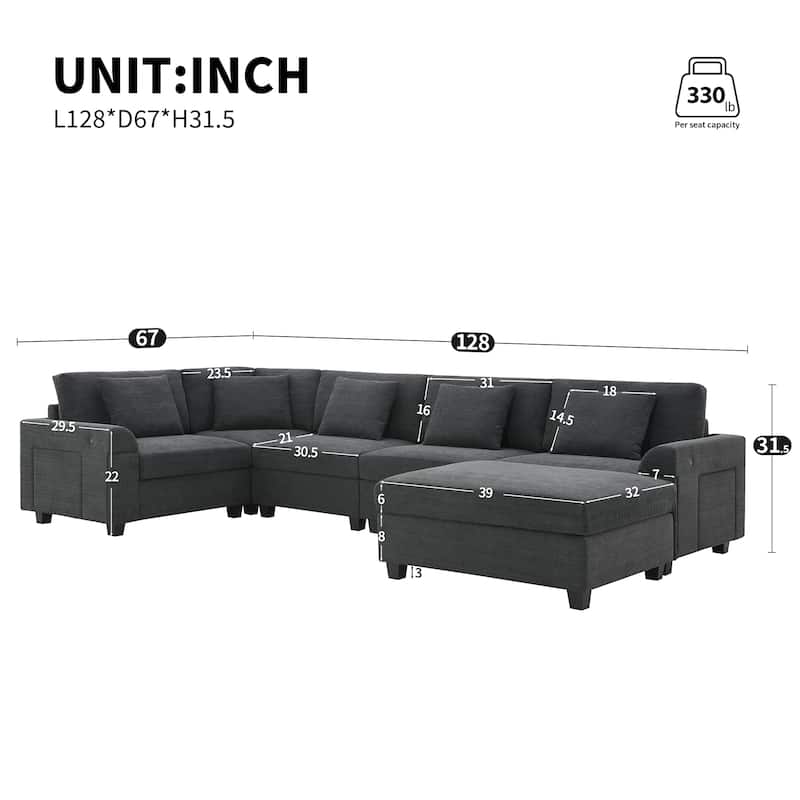 Chenille Sectional Sofa with Hidden Armrest Storage, Cup Holders, USB Charging Ports and Oversized Ottoman Chaise Lounge