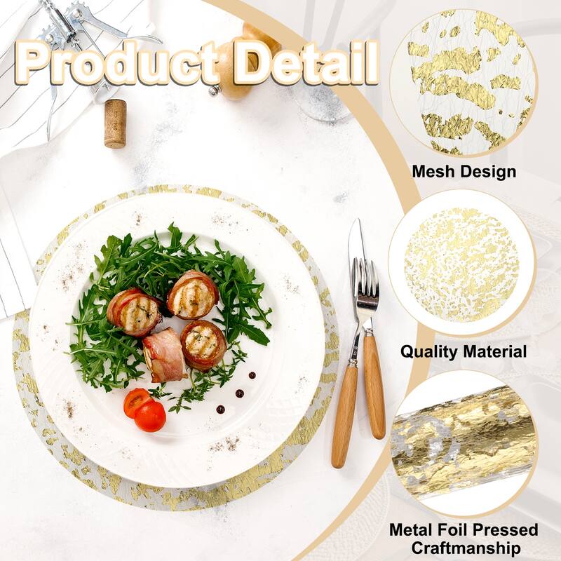 8Pcs Disposable Round Placemats, 13" Metallic Glitters Foil Mesh Mats