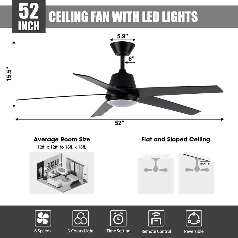 52-inch Modern Black Plywood Integrated LED Ceiling Fan with Light and Remote