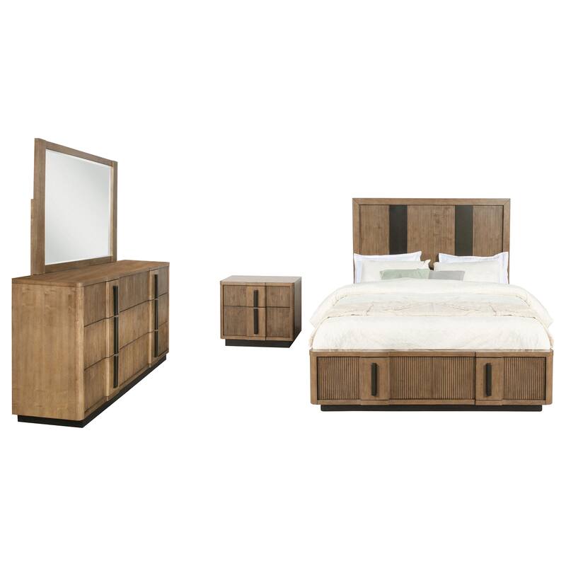 Reon 4pc Queen Bedroom Set with Storage, Ash Brown Fluted Panel