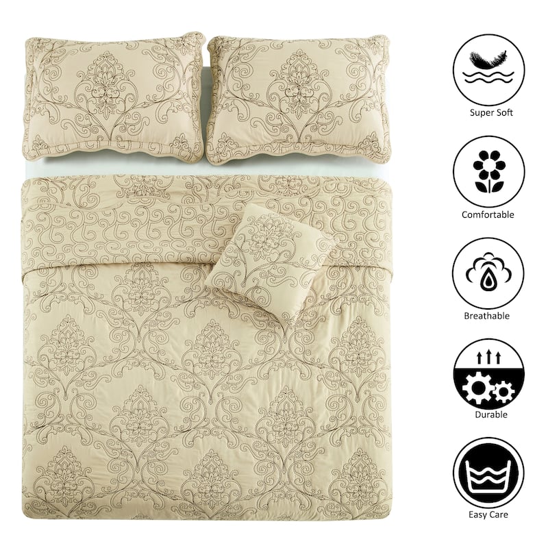 4 Piece Damask Embroidery Coverlet Set Soft Microfiber Bedding