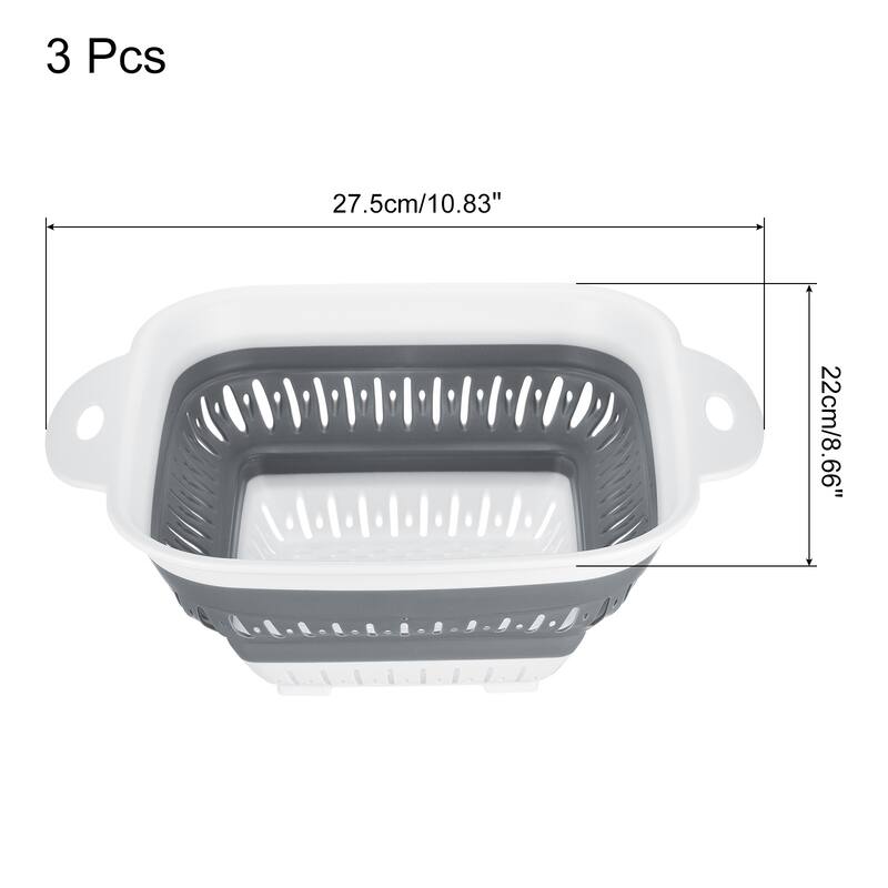 3pcs Square Collapsible Colander Kitchen Vegetable Washing Basket - Grey