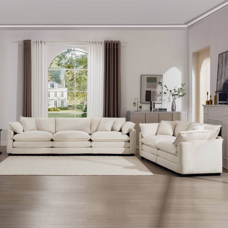 Corduroy Fabric Deep Seat Sofas Set with Throw Pillows, 3+2 Seater Flexible Combinations Sofa with Removable Armrests