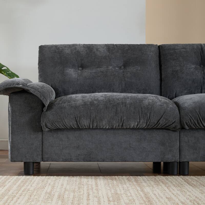 Chenille Tufted L-Shape Sectional Sofa with Storage Ottoman, Pockets and All-in-one Armrest with Dual-Port Charging, Cup Holder