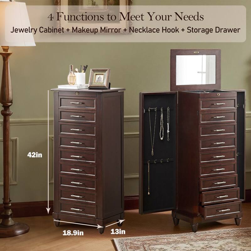 Tall Standing Jewelry Armoire with Mirror,Lockable Wooden Jewelry Cabinet with 9 drawers and side door,