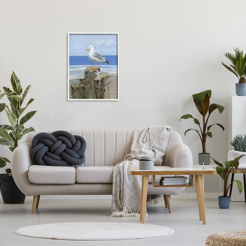 Stupell Summer Seagull and Starfish Nautical Beach Post Framed Wall Art - Blue