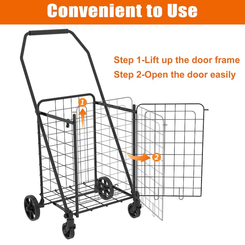 Foldable Shopping Cart with Open Door & 360 Rolling Swivel Wheels