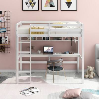 Twin Size Loft Bed with Convenient Desk, Shelves, and Ladder