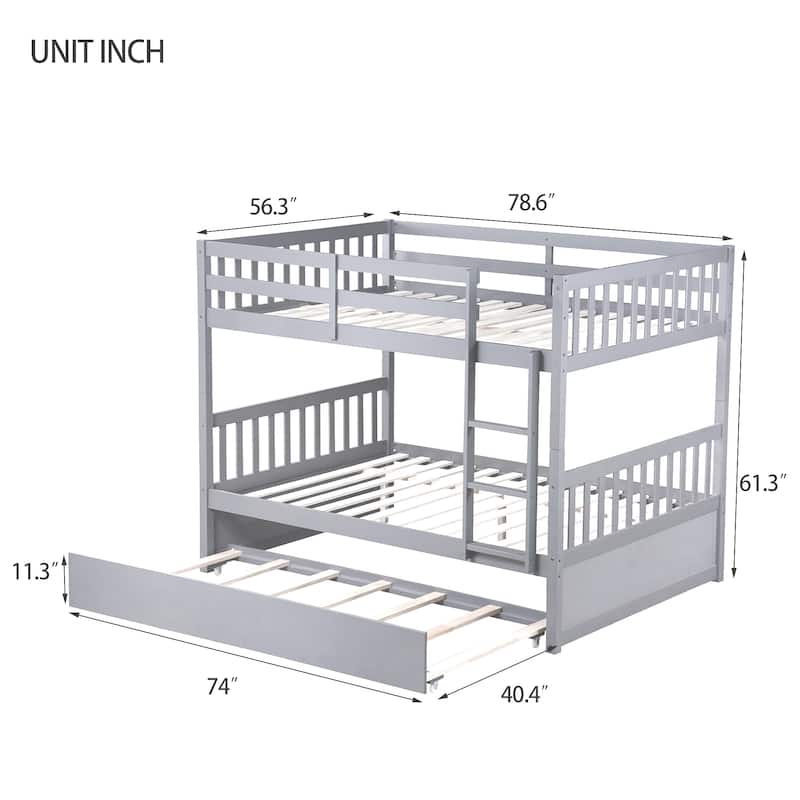 Convertible Full Over Full Rubber Wood Bunk Bed with Trundle, Ladder and Guardrails