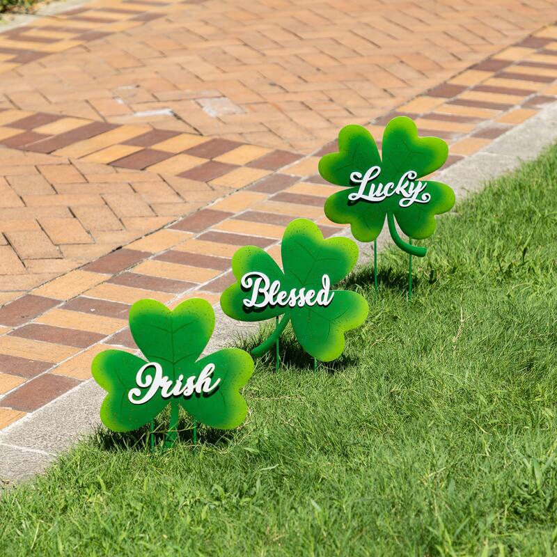 Glitzhome 36.75"H Set of 3 St. Patrick's Metal Shamrock Yard Stakes