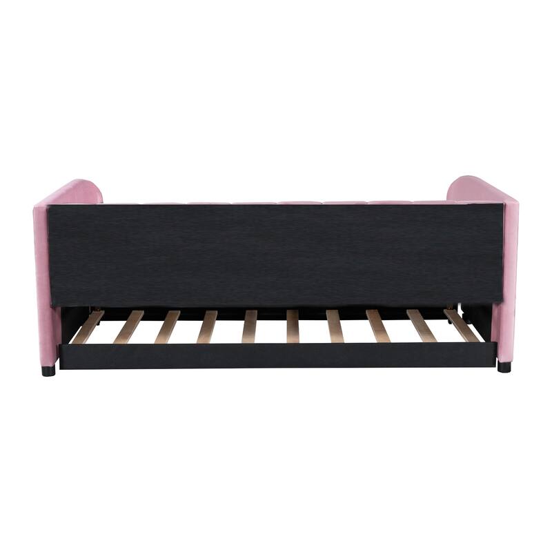 Twin Size Upholstered Daybed with Ergonomic Design Backrest and Trundle