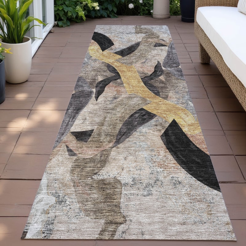 Machine Washable Indoor/Outdoor Contemporary Brushstrokes Chantille Rug - Taupe - 2'3" x 7'6"