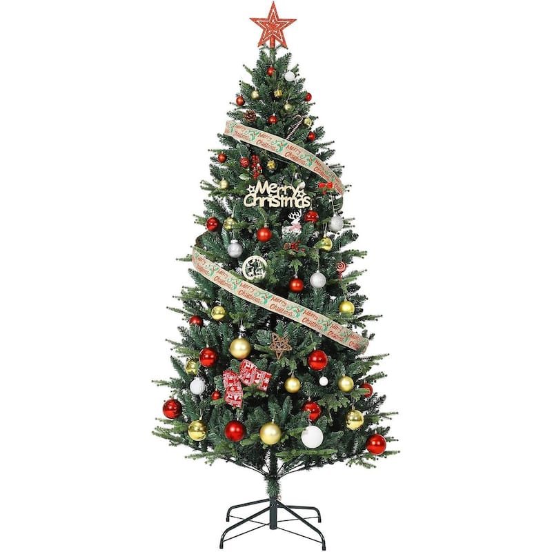 Small Christmas Tree with Base, 7-Fork Spruce Tips for Home Decor Festive Party Decorations - 6 Foot