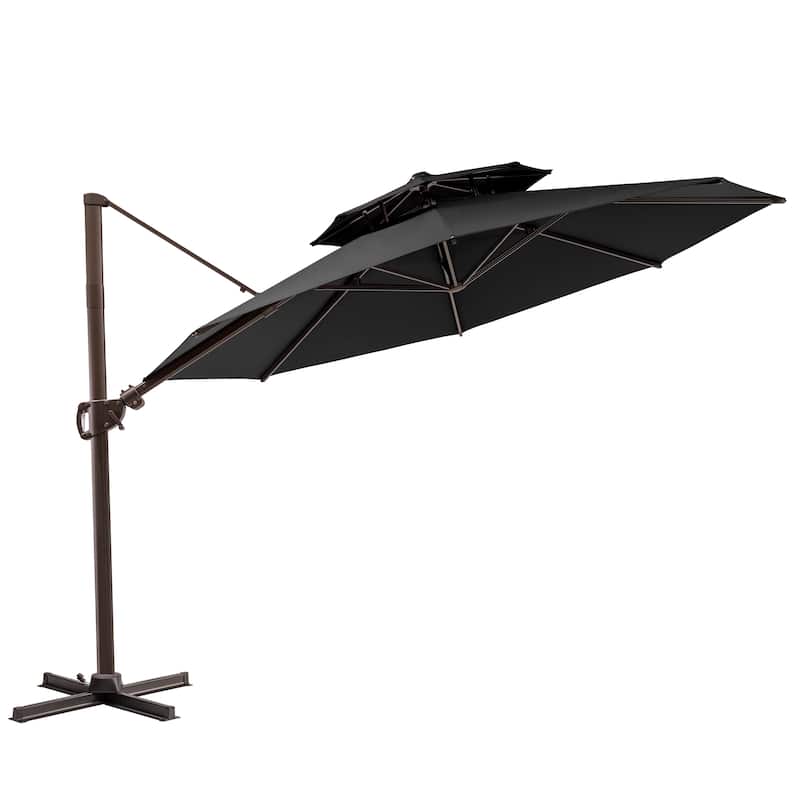 11 ft Outdoor Aluminum Dual Top Solar Powered LED Lighted Patio Cantilever Umbrella and Weighted Base