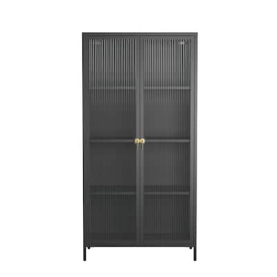 Benoite 63.05-inch Black Two Door Metal Storage Cabinet with Fluted Clear Doors and Gold Handles - 63.05
