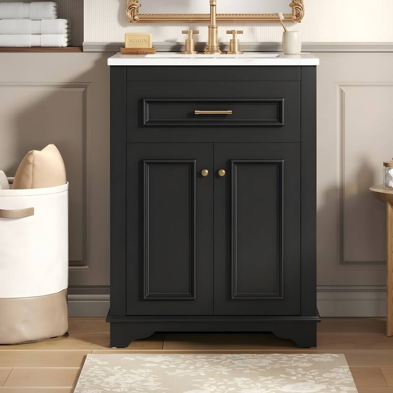 24" Bathroom Vanity with Integrated Ceramic Sink, Bathroom Cabinet with 2 Doors - Black