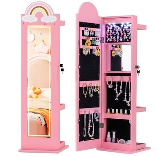 Gymax 3 In 1 Kids Jewelry Cabinet w/3-Color Lighted Full Length Mirror