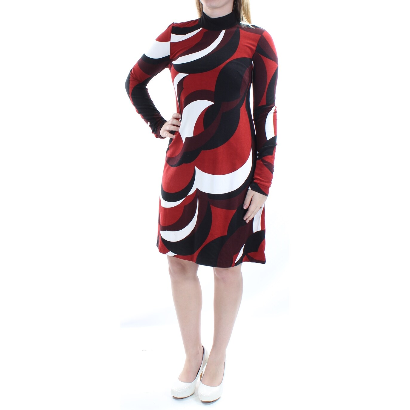 Shop Inc Womens Red Mock Neck Abstract Long Sleeve Above The Knee