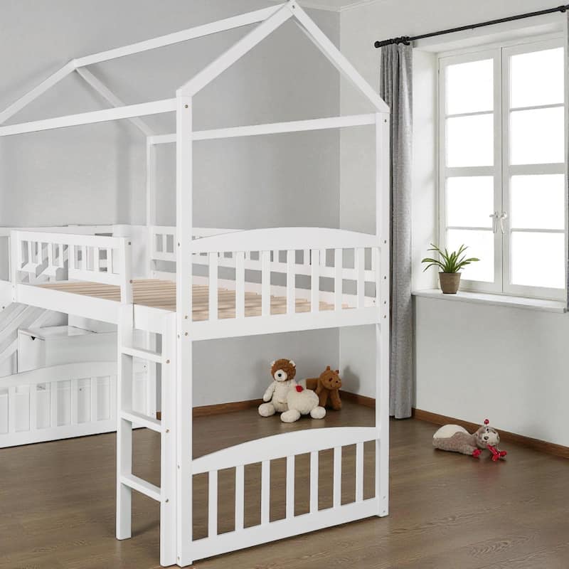 Twin Loft Bed with Slide and Storage Steps, House-Style Kids Bed with Two Drawers and Play Area, No Box Spring Needed