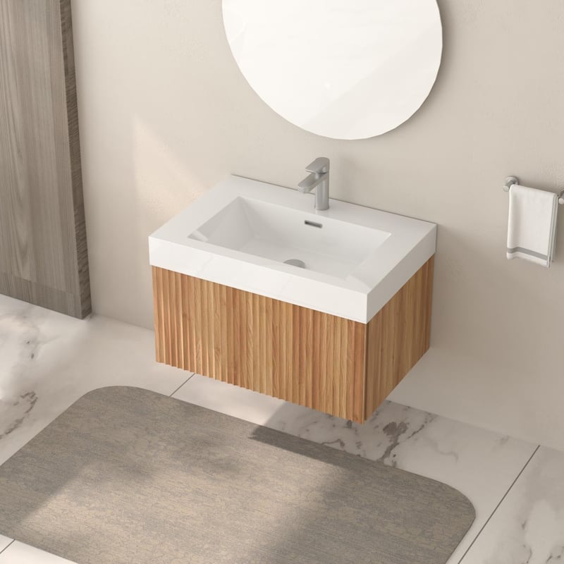 GDF Studio - Alexender Minimalist Design Wall-Mounted Floating Bathroom Vanity with Integrated Basin and Beveled-Edge Handles - 30"