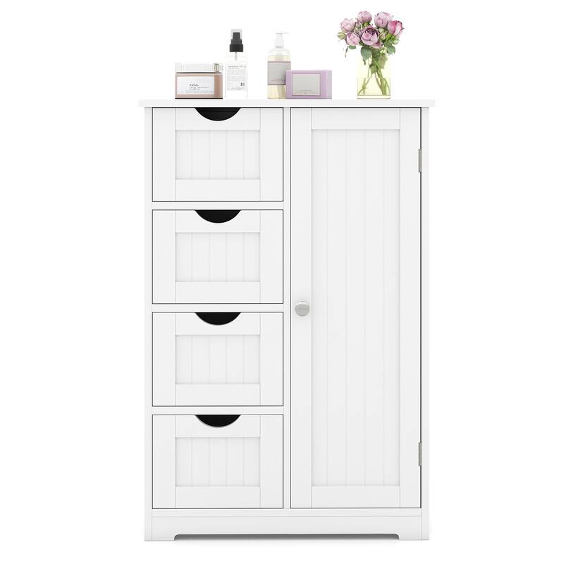 Gymax Storage Floor Cabinet Organizer Cupboard w/ 4 Drawers Adjustable - White - Wood Finish