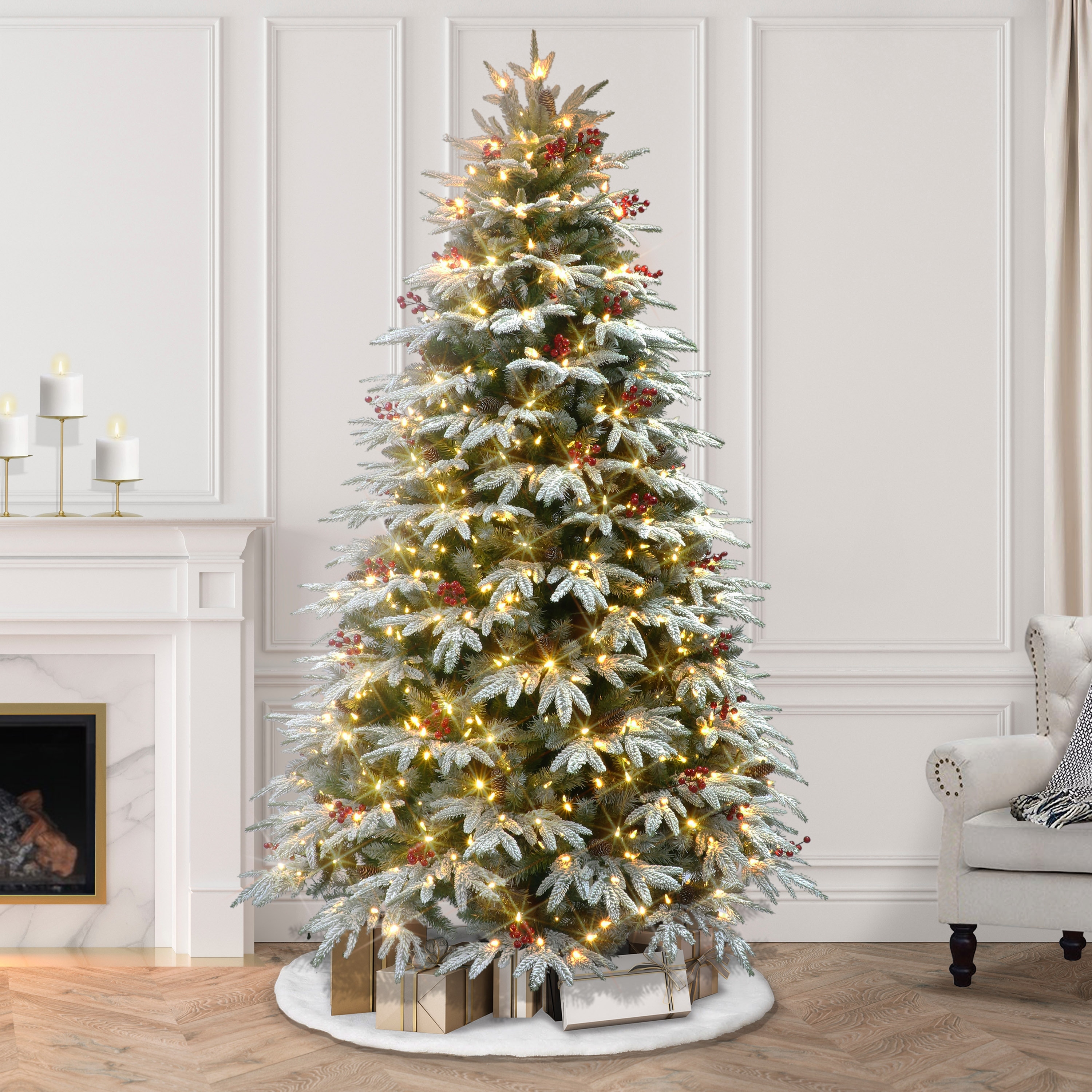 Puleo International 7.5 ft. Pre-lit Flocked Halifax Fir Artificial Christmas Tree
