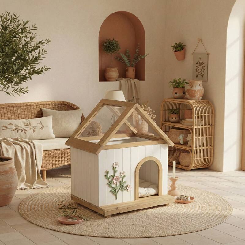 FSC-Certified Cedar Pet House with Transparent Roof & Floral Carving - Indoor Shelter for Cats & Small Dogs