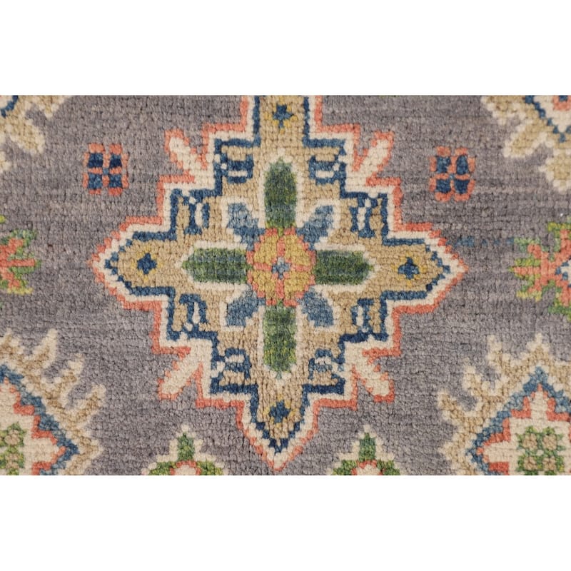 Gray Kazak Foyer Rug Hand-Knotted Geometric Wool Carpet - 2'7" x 4'2"