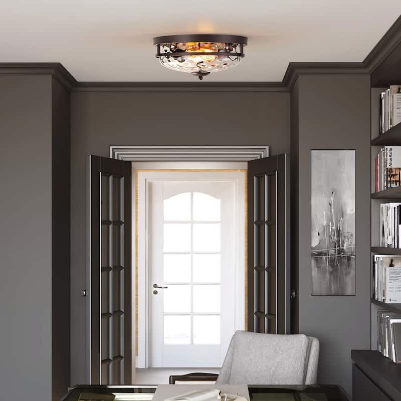 2-Light Industrial Farmhouse Ceiling Light Dome Clear Water Rippled Glass Flush Mount Light - 12.9 in. W x 5.5 in. H